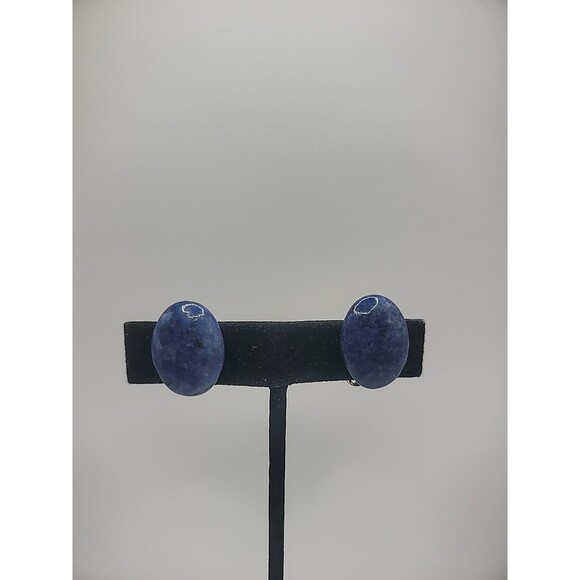 Vintage Earrings Clip On Sodalite Stone Gold Tone Jewelry Costume - Picture 2 of 13